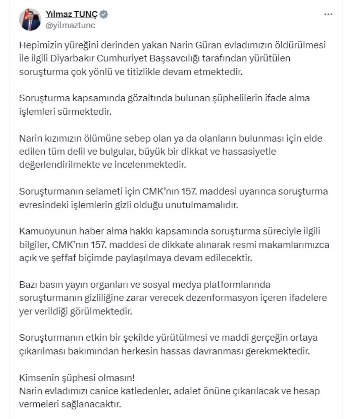 Bakan Tunç’tan Narin Güran Cinayeti Açıklaması